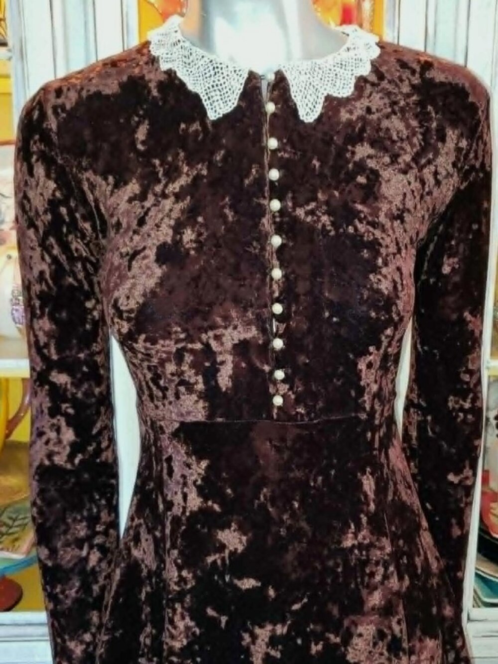 Vintage Betsey Johnson 90s Y2K Brown Crushed Velvet Victorian Pearl Skater Dress - Picture 12 of 15
